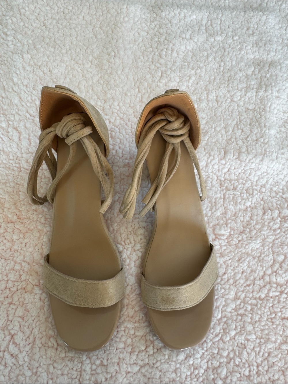 Block Heel Lace-Up Sandals in Light Beige Suede